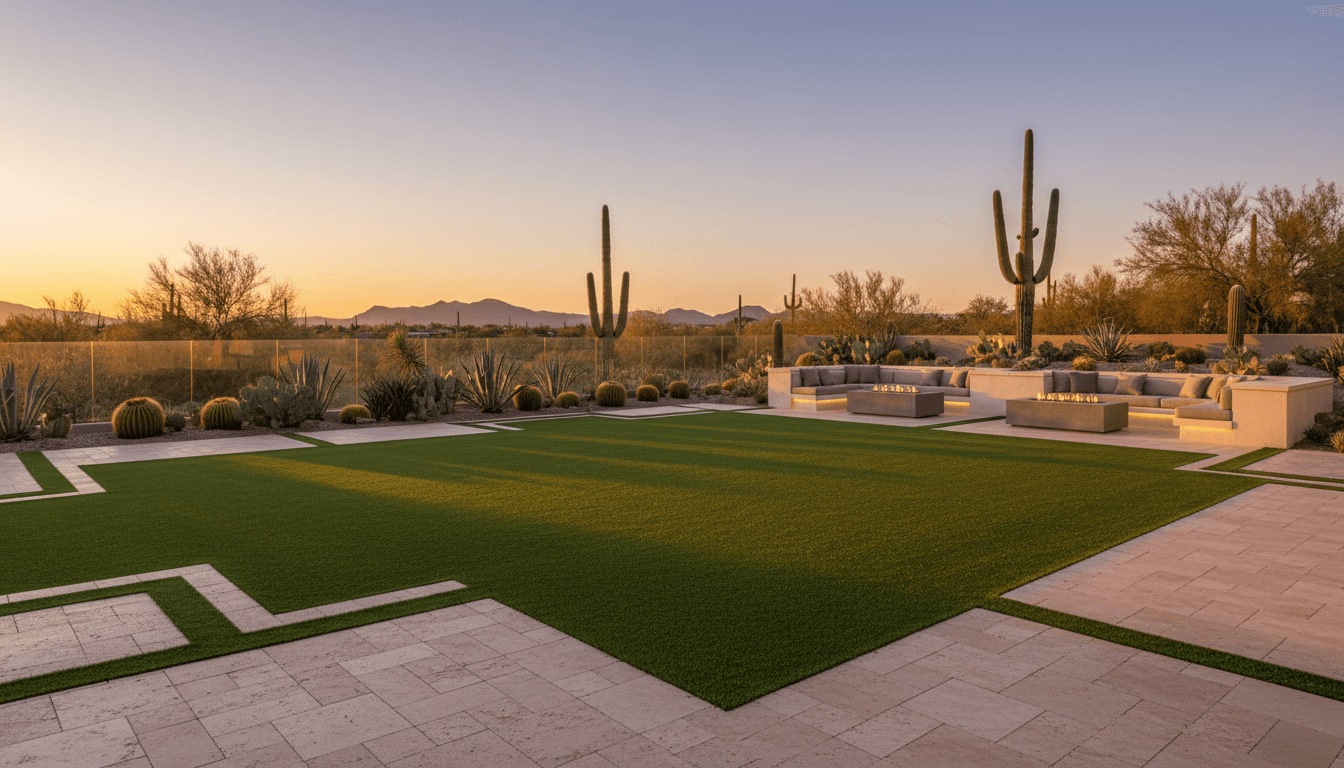 Luxury Arizona backyard with artificial lawn and travertine hardscape